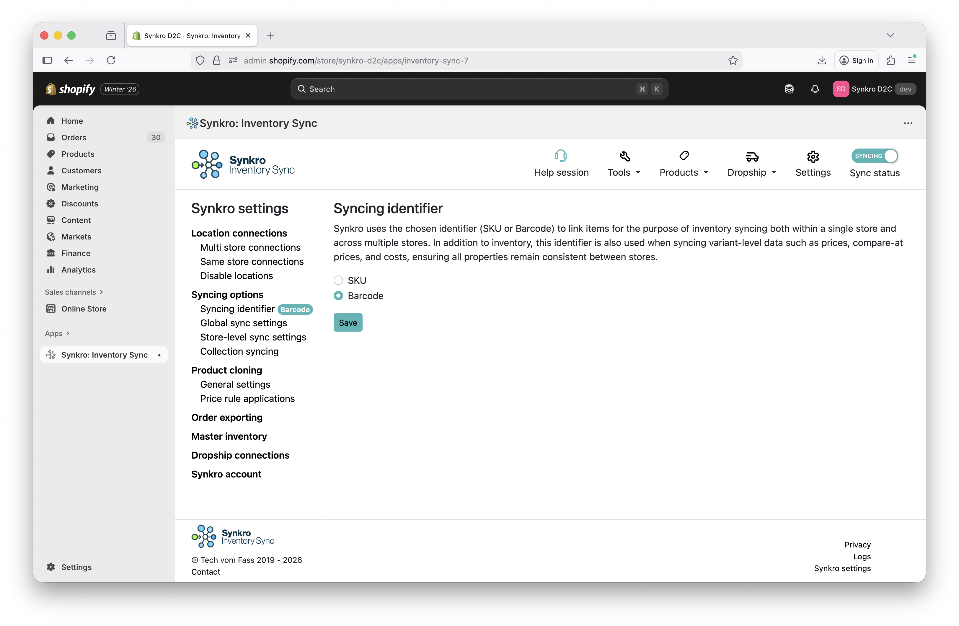 Switch to Barcode syncing mode