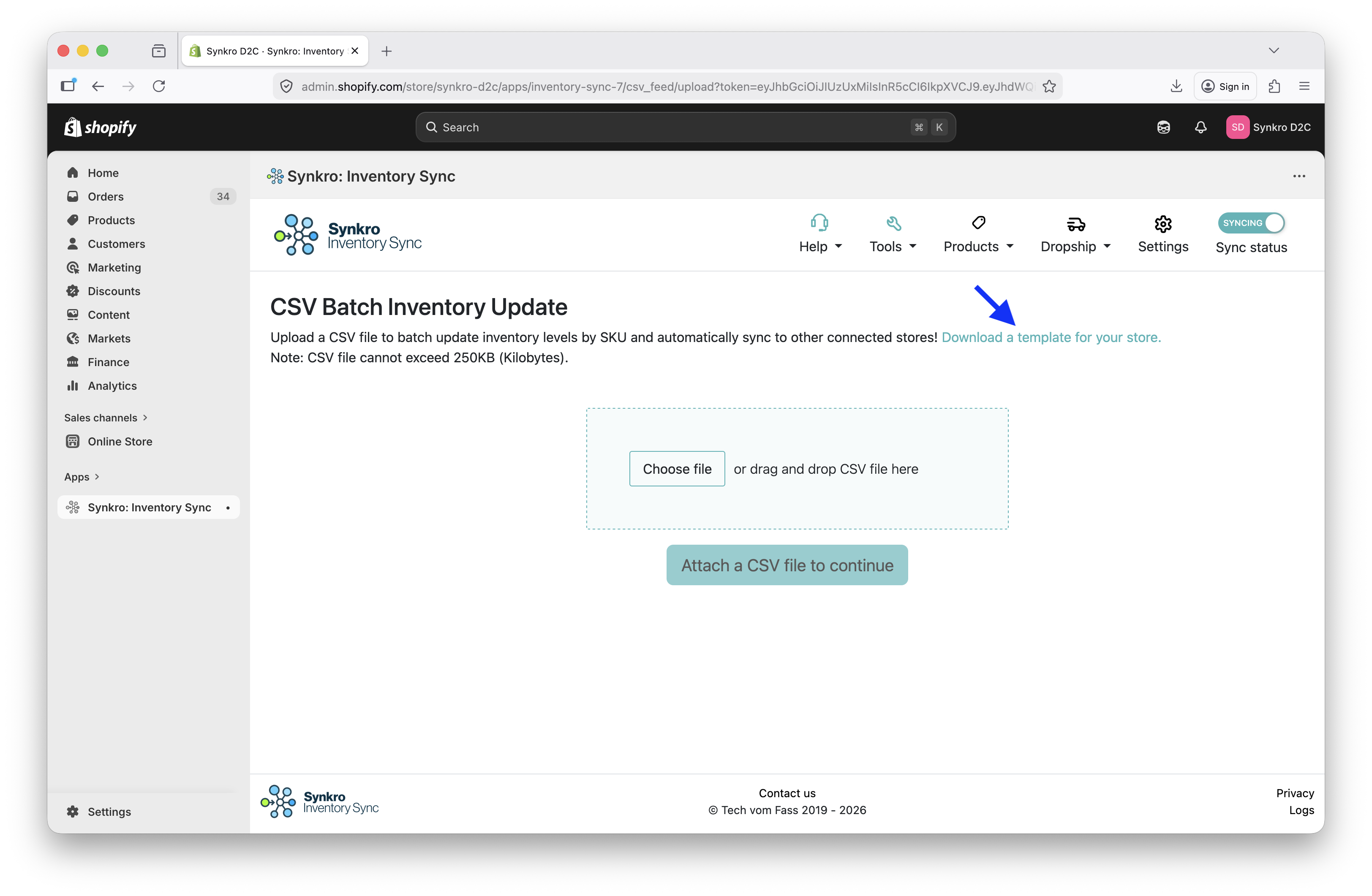 Click Download a template for your store button and a file will be downloaded to your computer