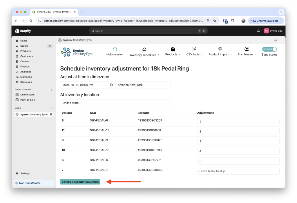 Create the inventory adjustment schedule