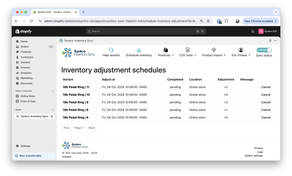 View and cancel inventory adjustment schedules