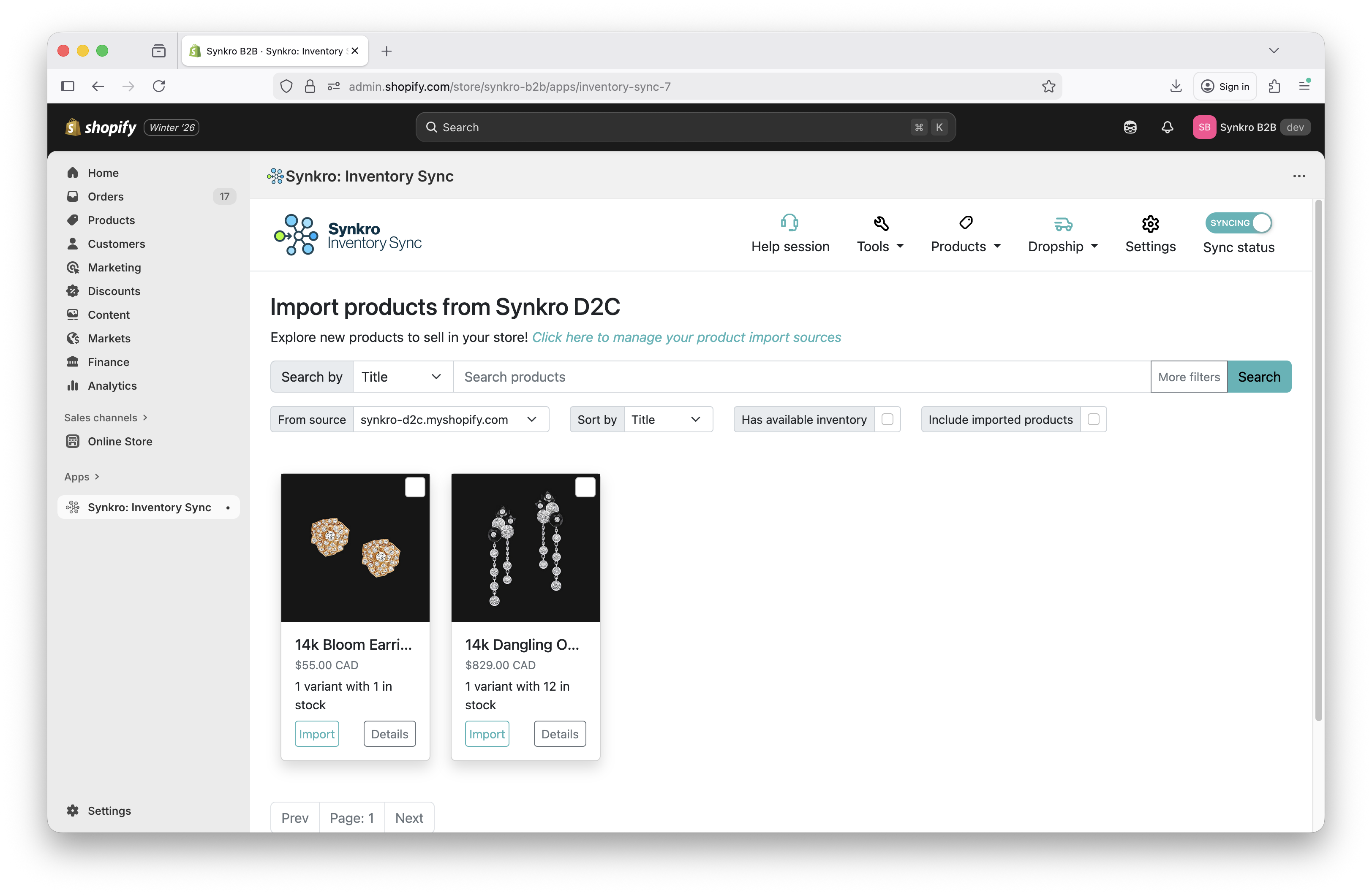 Search for products to import from supplier store