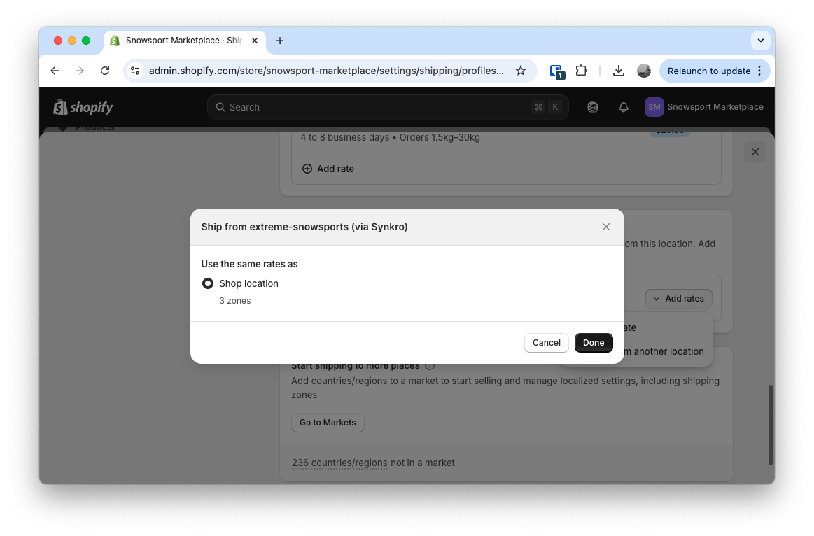 Select a shipping profile for the Synkro-powered fulfillment location
