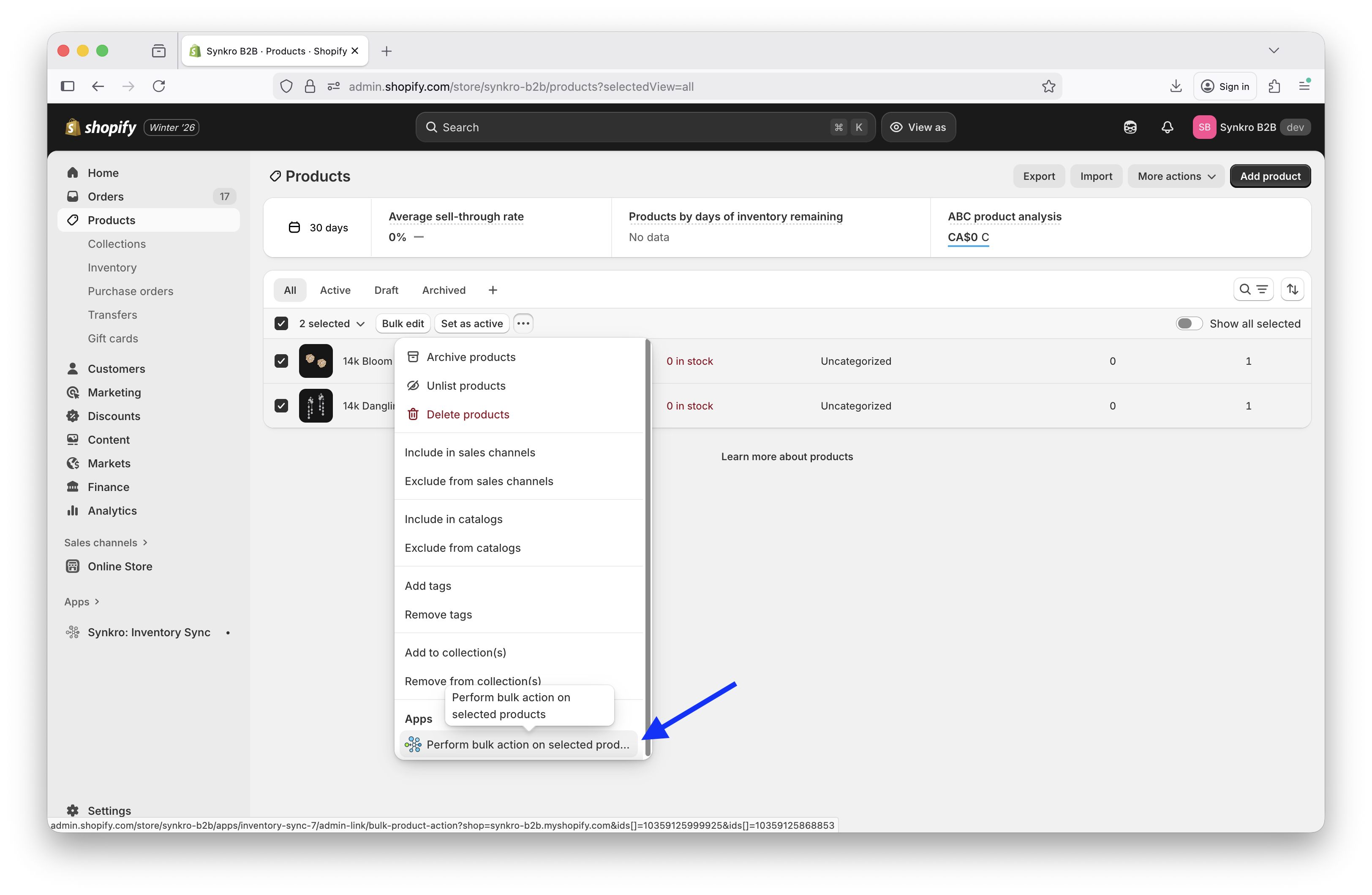 A. Select products, then click ... (more actions) and Perform bulk action on selected products