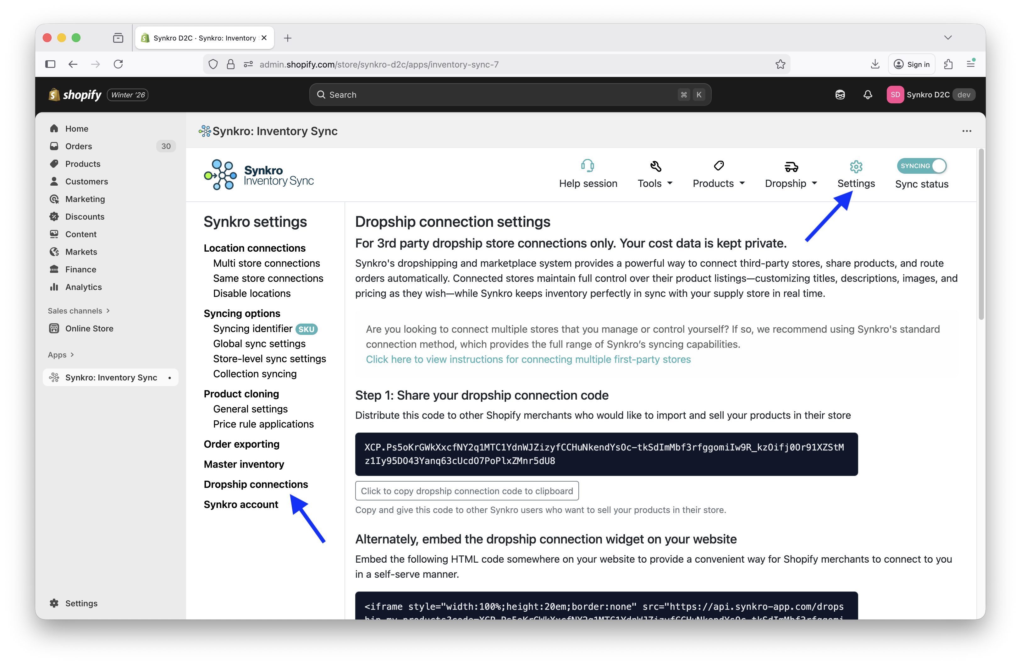 B. Click Settings > Dropship Connections