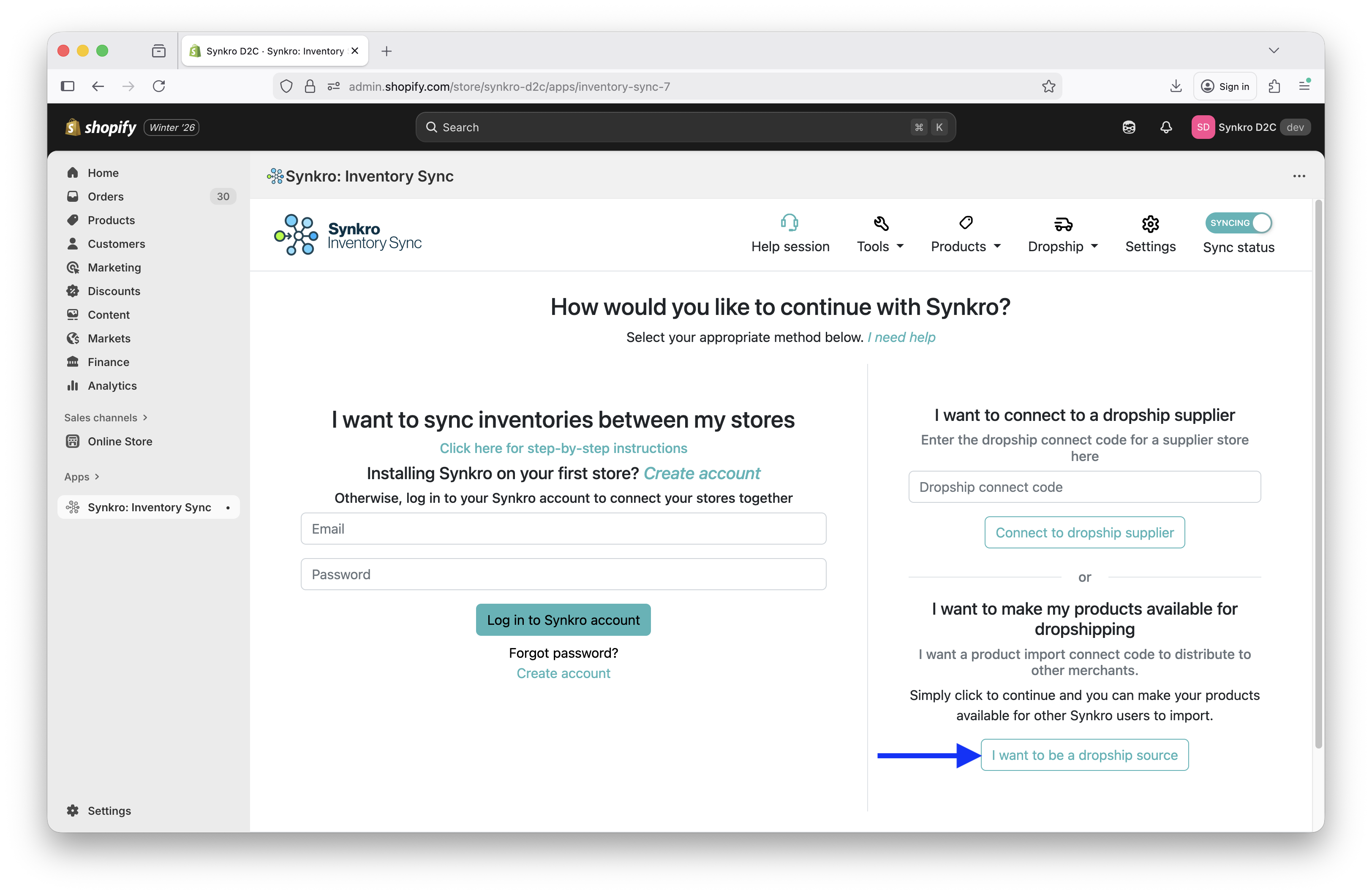 A. Click on the button I want to be a dropship source