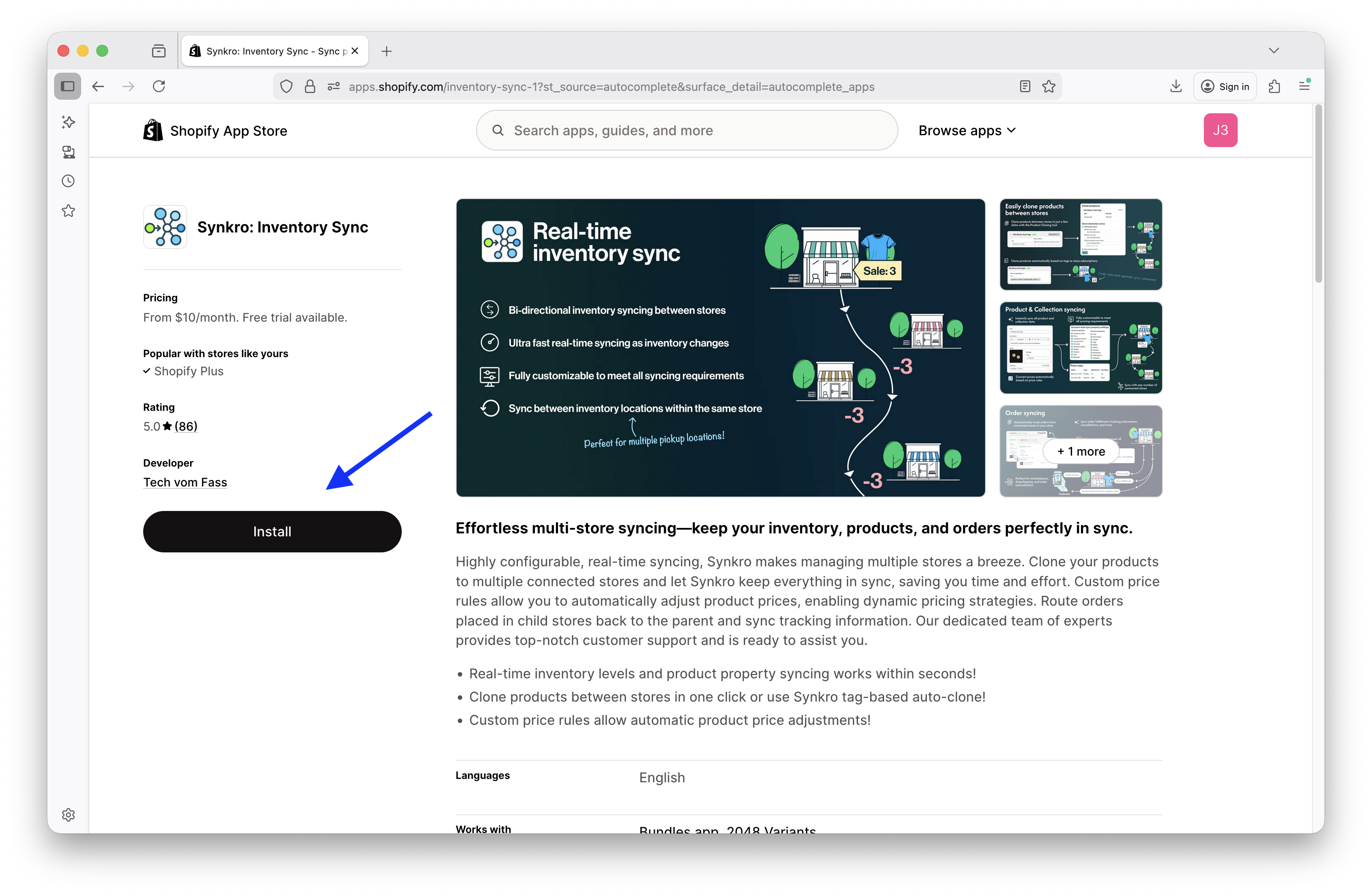 Find Synkro within the Shopify App Store and click Install