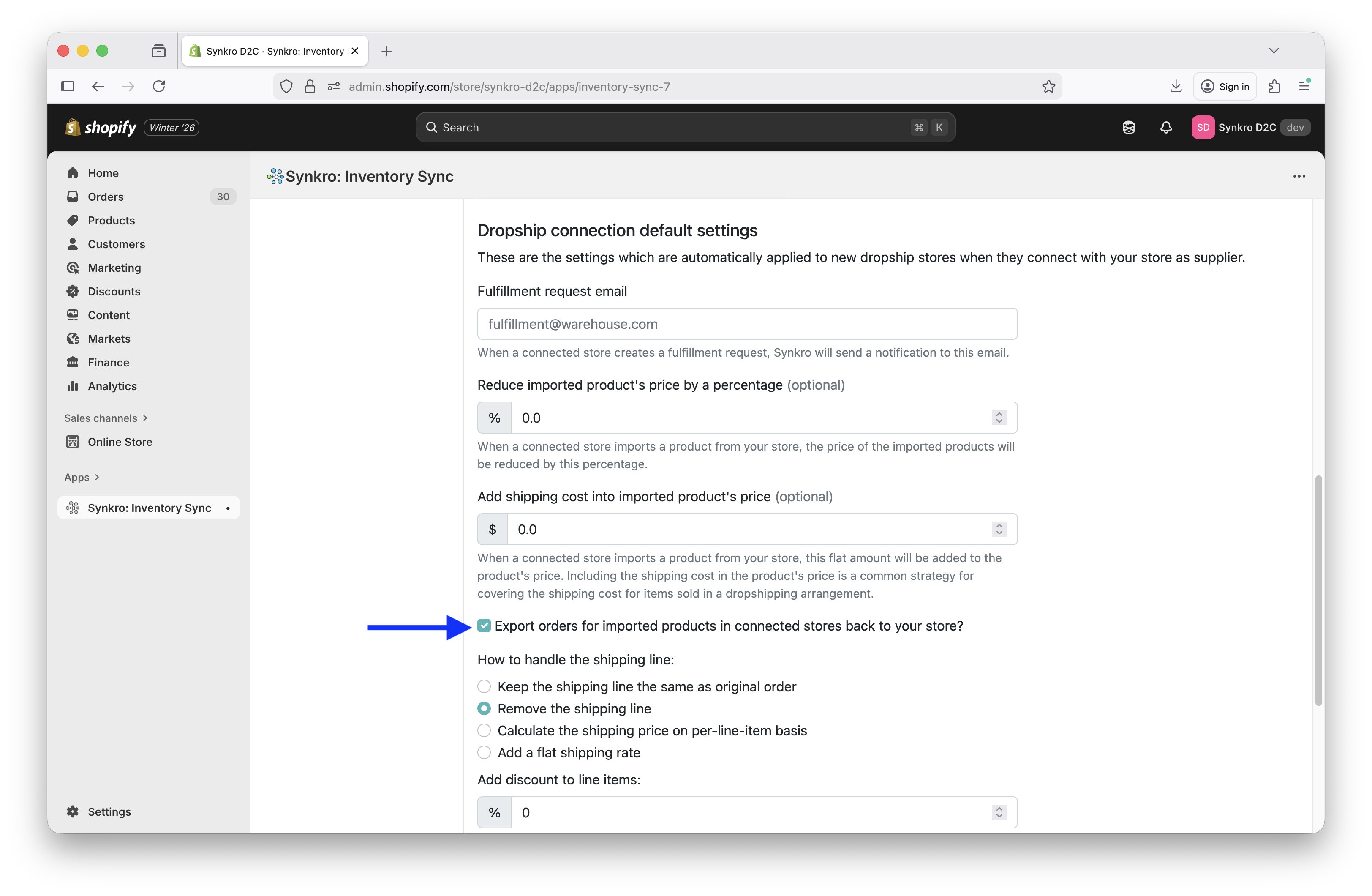 Click checkbox beside Export orders for imported product in connected stores back to your store