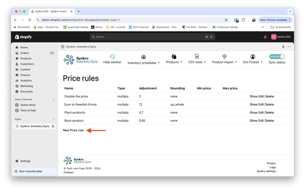 To create a new price rule, click New price rule.