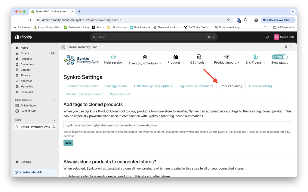 Navigate into your Synkro settings and select the Product cloning tab.