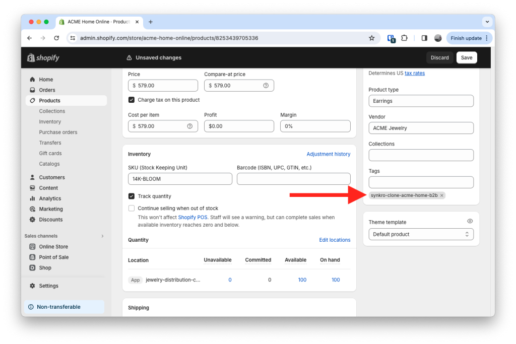 synkro-clone-acme-home-b2b tag indicates to clone product into acme-home-b2b.myshopify.com
