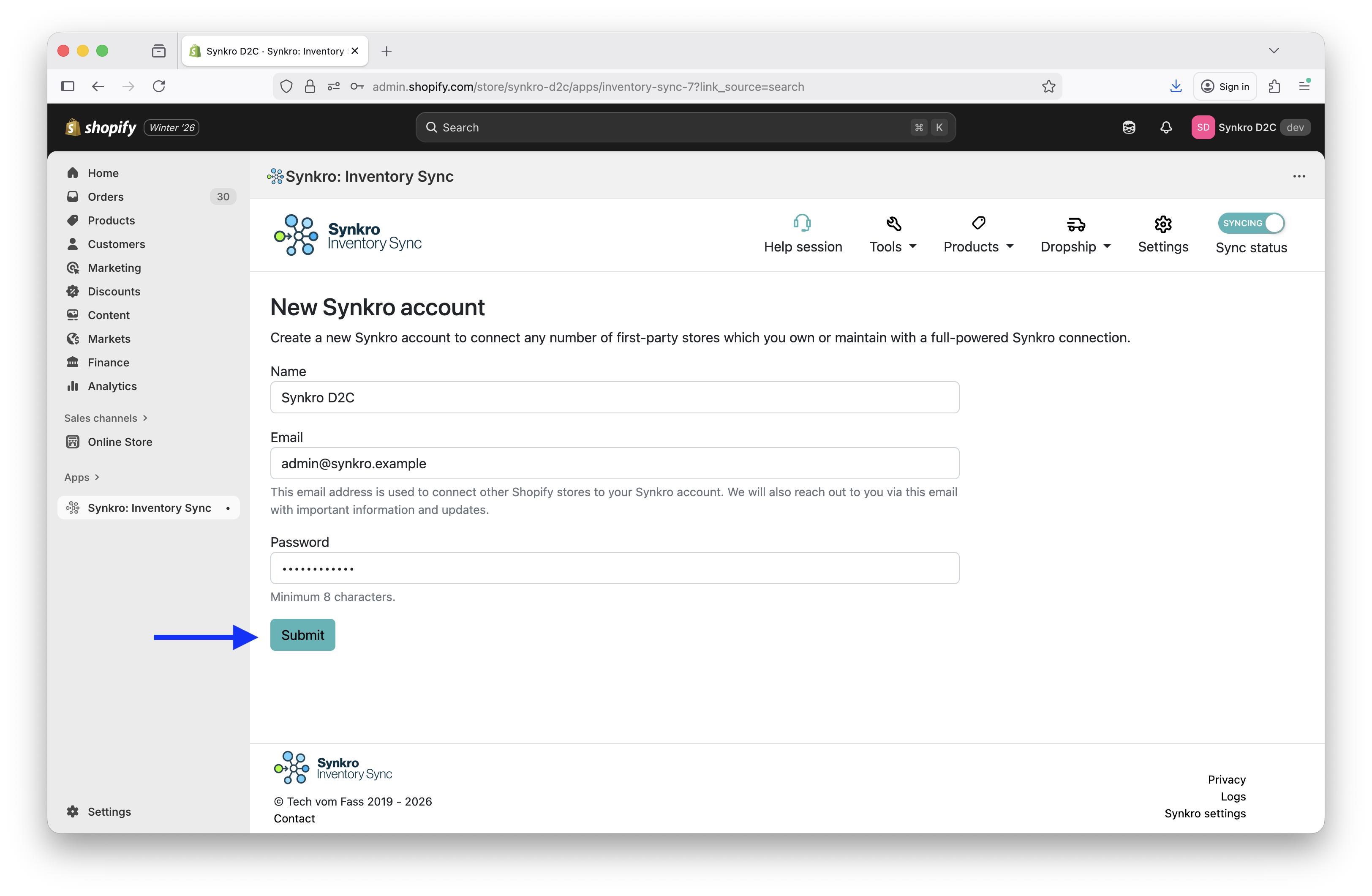 Provide a Name, Email, and Password for your new Synkro account and then click Submit