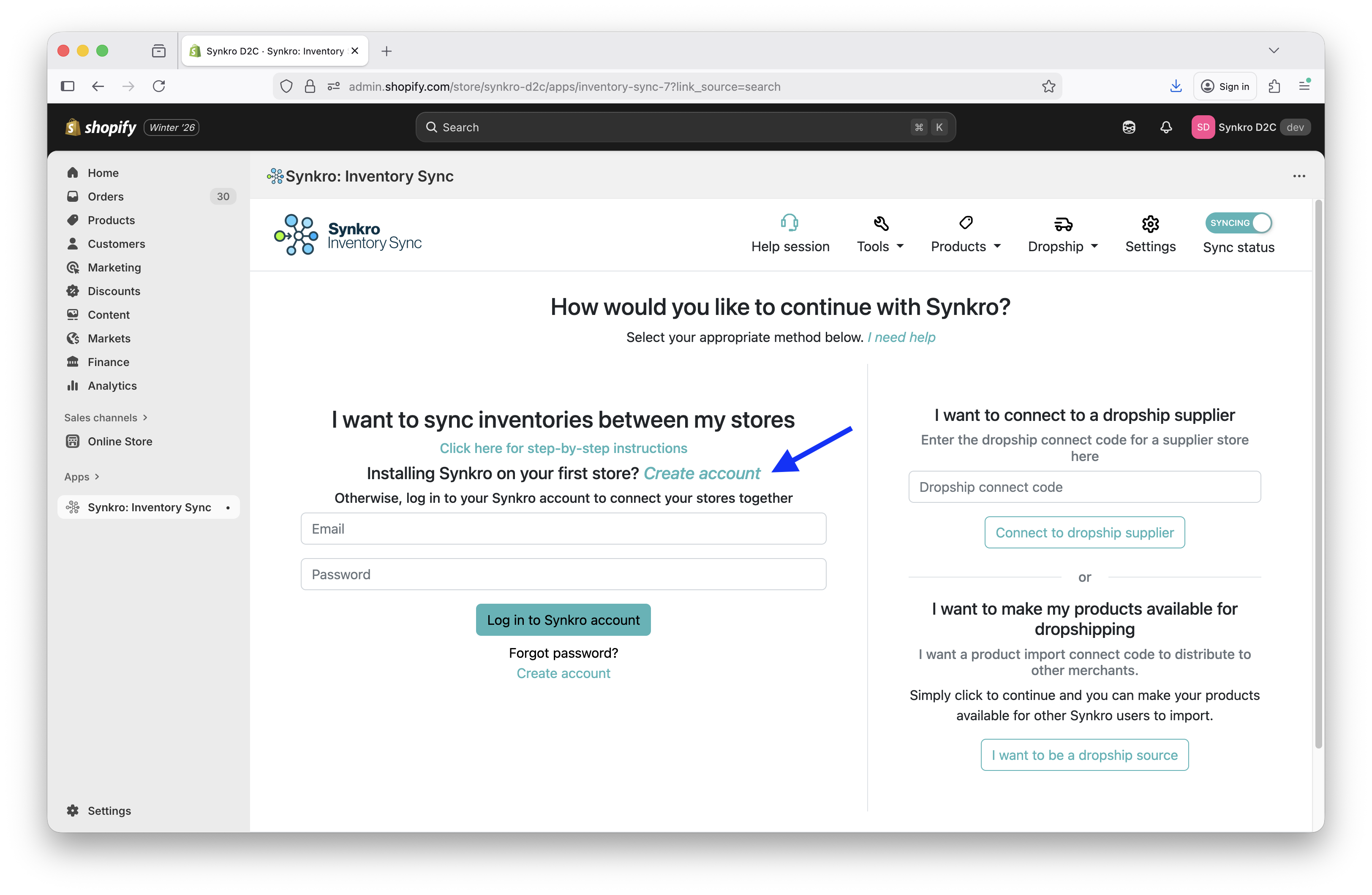 Click the Create account button under the I have multiple stores section