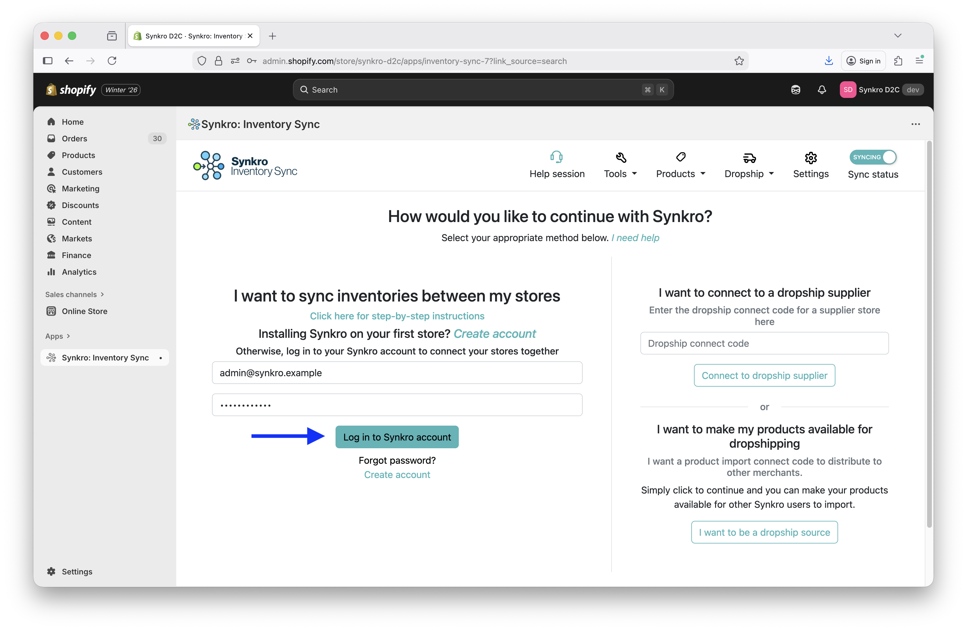 Connect Synkro to the Synkro Account which you created in Step 1