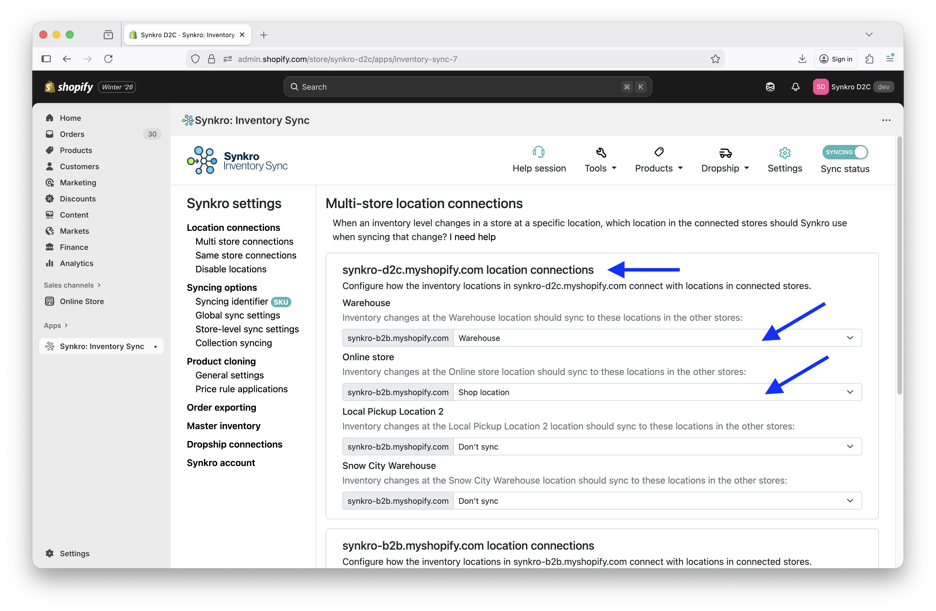 List of inventory locations in each connected store