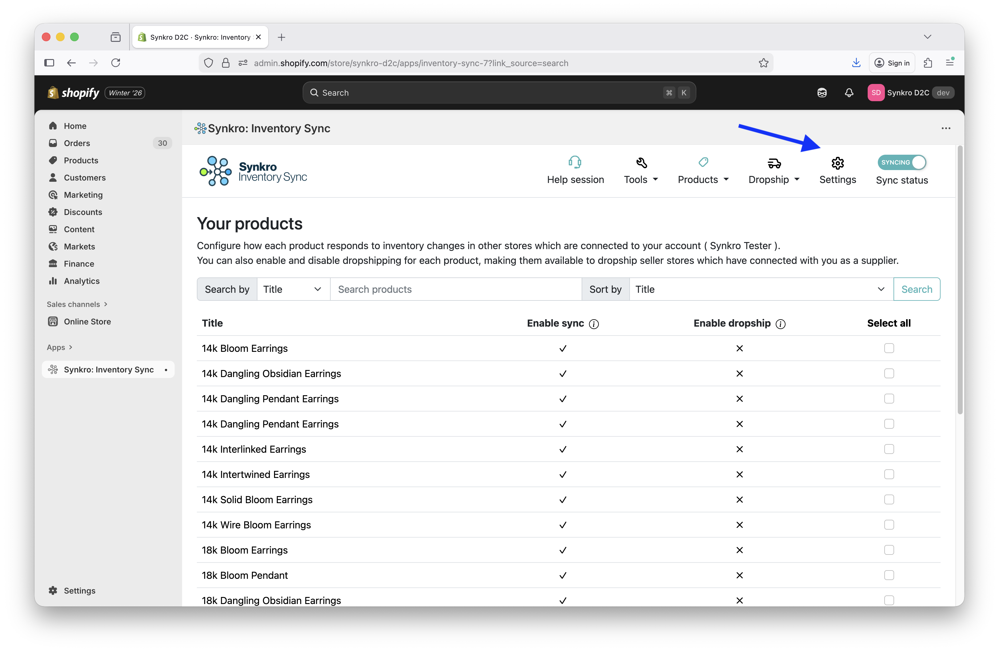 Navigate to your Synkro Settings